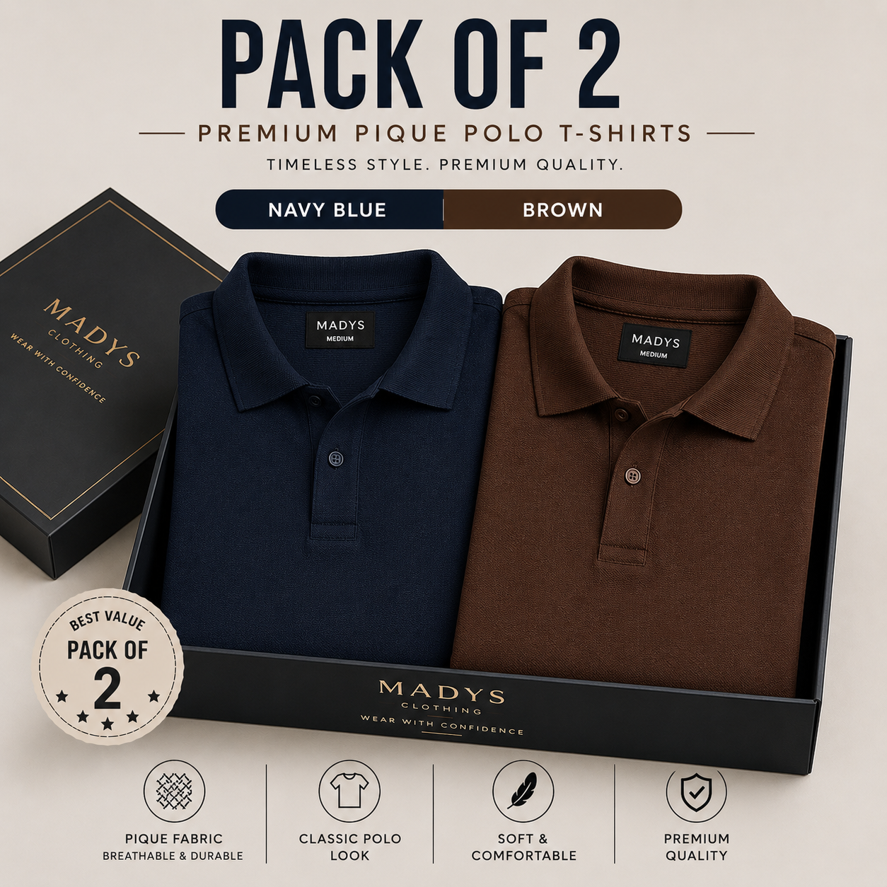 Pack Of Two Pique Polo Tshirts Navy - Brown