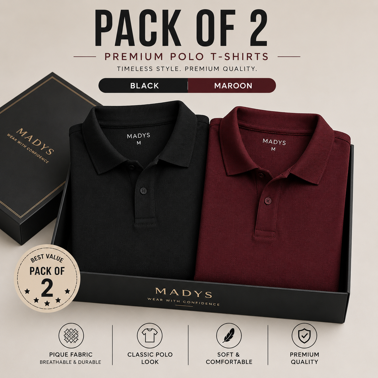 Pack Of Two Pique Polo Tshirts Black - Maroon