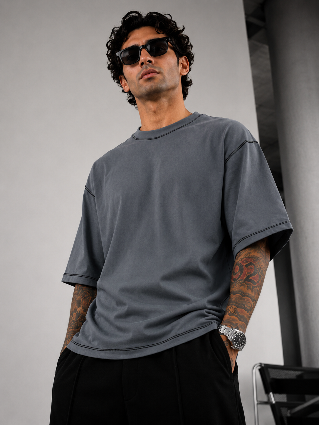Contrast Thread T-Shirt Grey