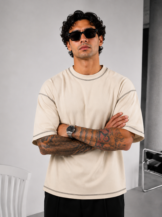 Contrast Thread T-Shirt Beige