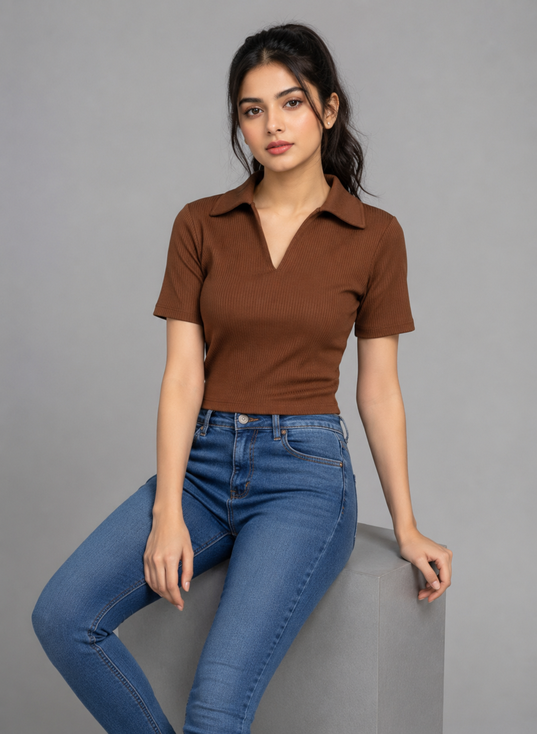 Ribbed Knit Polo Tshirt Brown