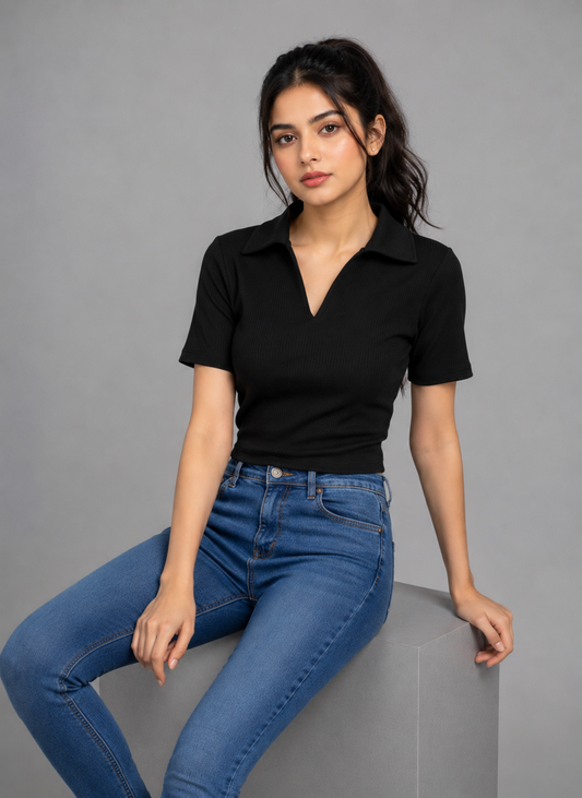 Ribbed Knit Polo Tshirt Black