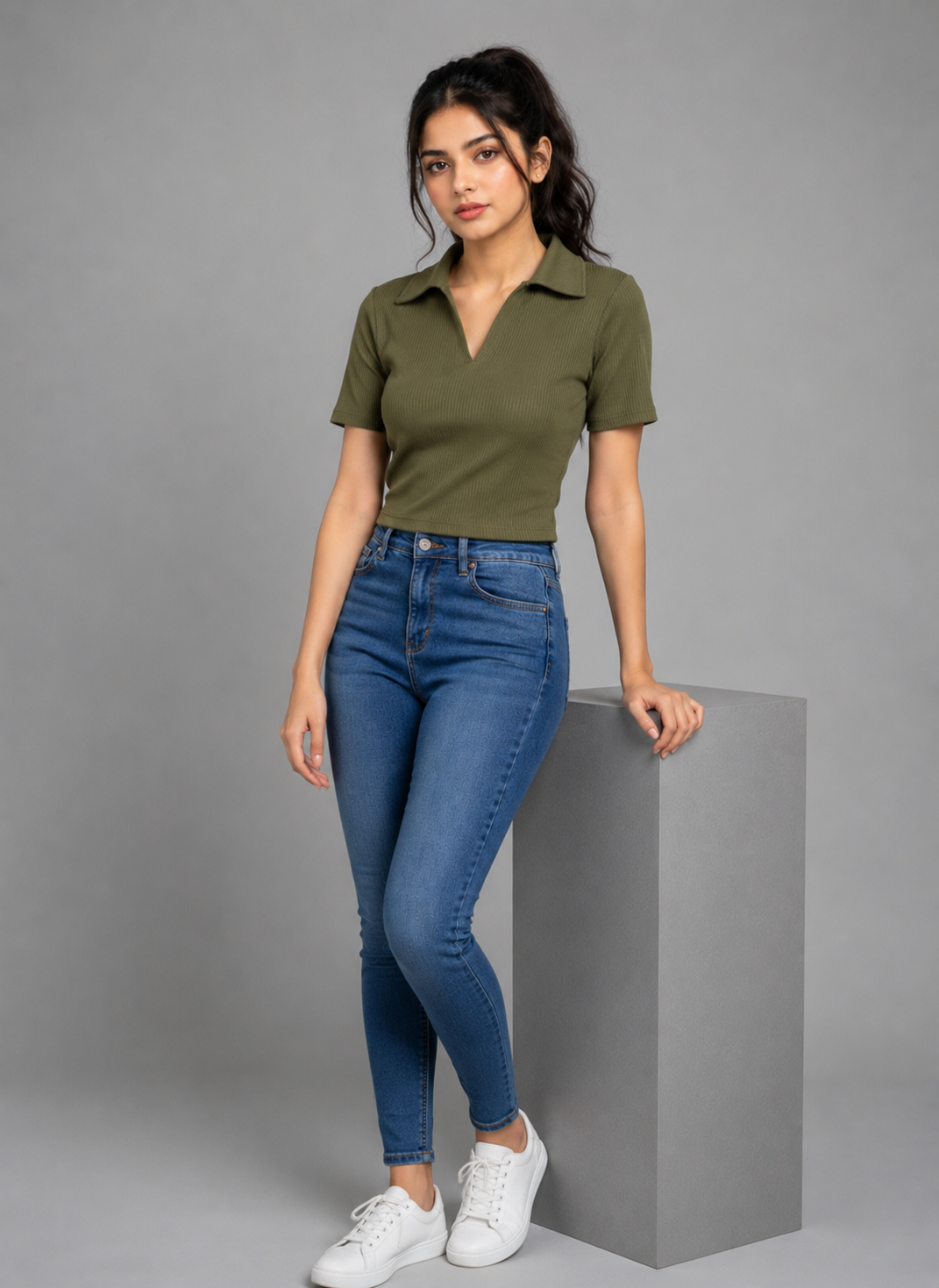 Ribbed Knit Polo Tshirt Green