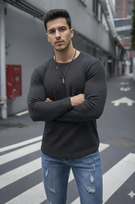 Fullsleeves Waffle Knitted Tshirt Charcoal