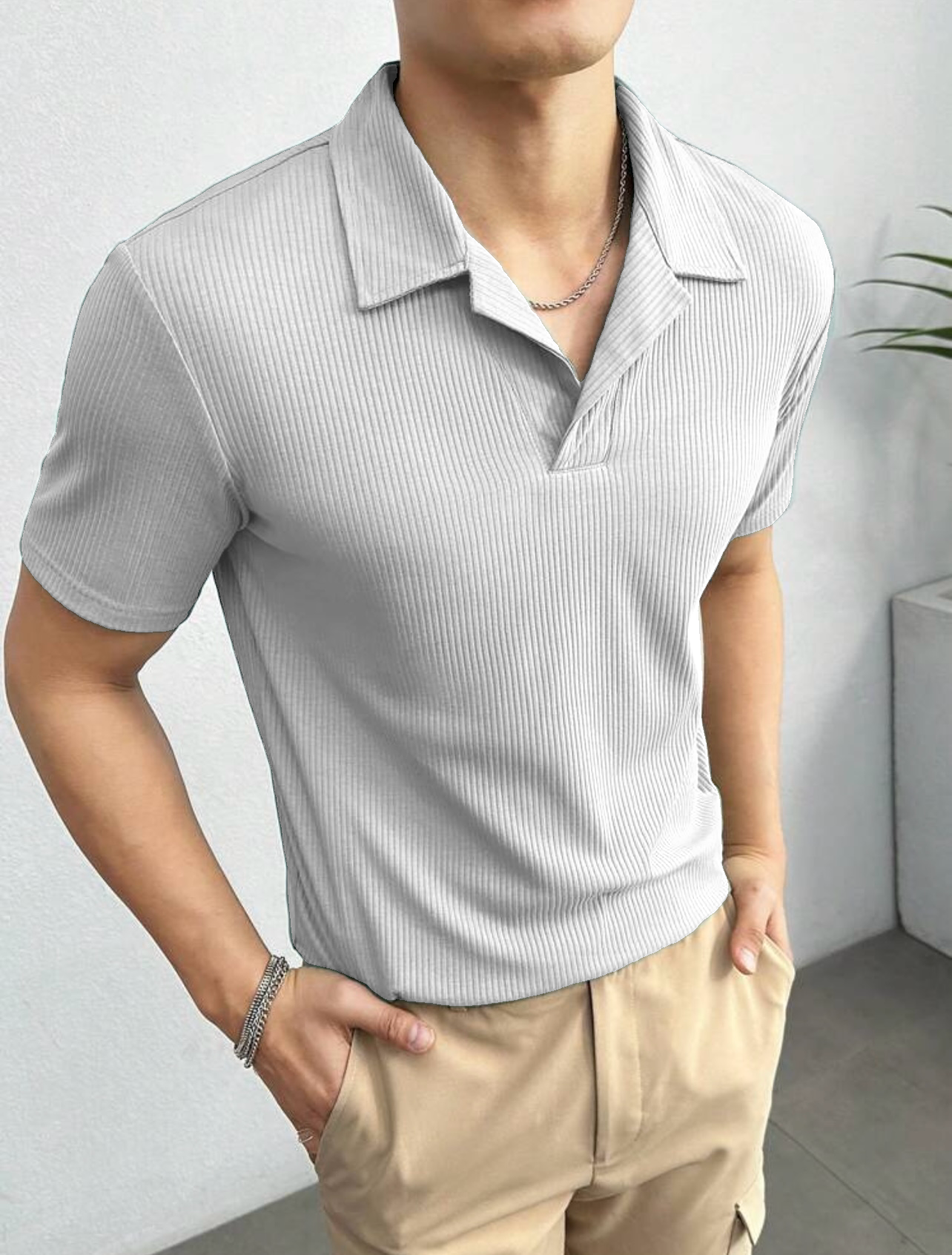 Polo Tshirt Waffle Knit Light Grey