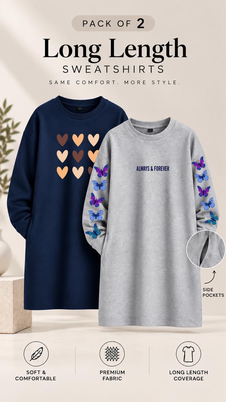 Pack of Two Long Length Sweatshirts Grey Always And Forever - Navy Multi Hearts