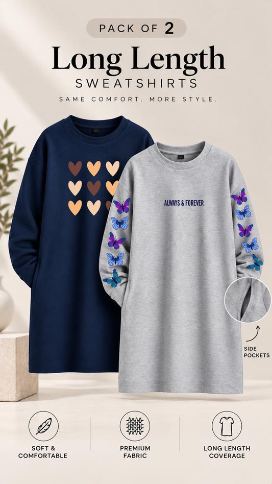 Pack of Two Long Length Sweatshirts Grey Always And Forever - Navy Multi Hearts