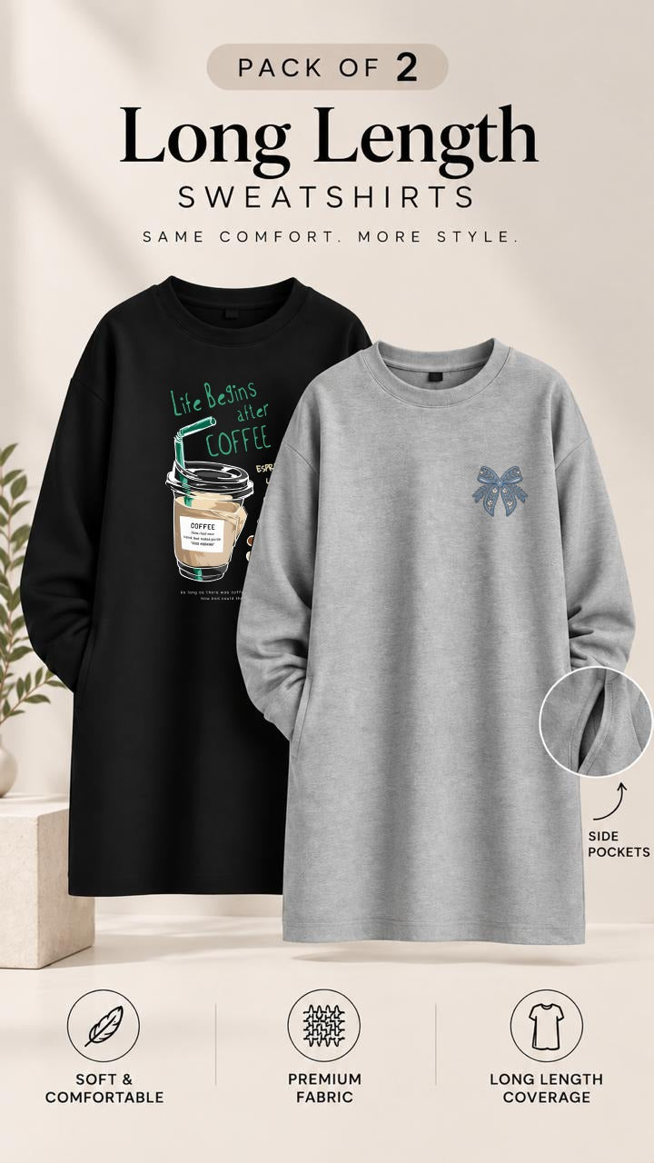 Pack of Two Long Length Sweatshirts Grey Pocket Bow - Black Life Coffee