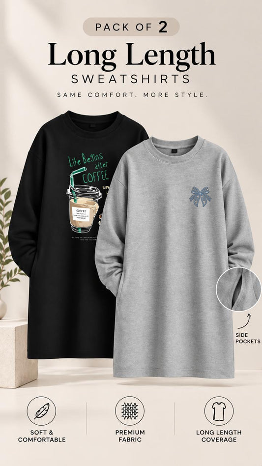 Pack of Two Long Length Sweatshirts Grey Pocket Bow - Black Life Coffee
