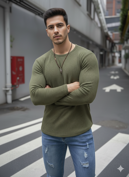 Fullsleeves Waffle Knitted Tshirt Olive