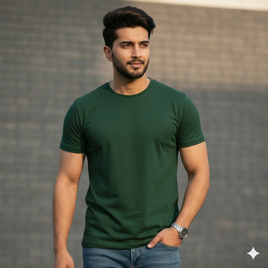 BASIC BOTTLE GREEN  HALF SLEEVES TSHIRT