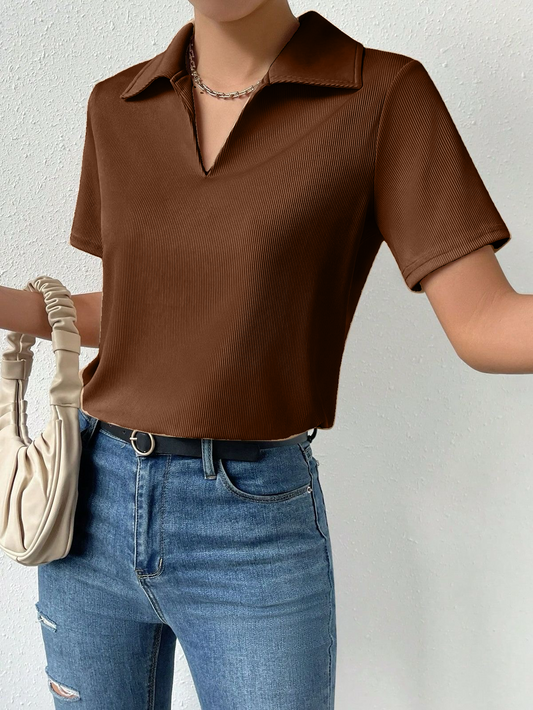 Ribbed Knit Polo Tshirt Brown