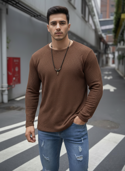 Fullsleeves Waffle Knitted Tshirt Brown