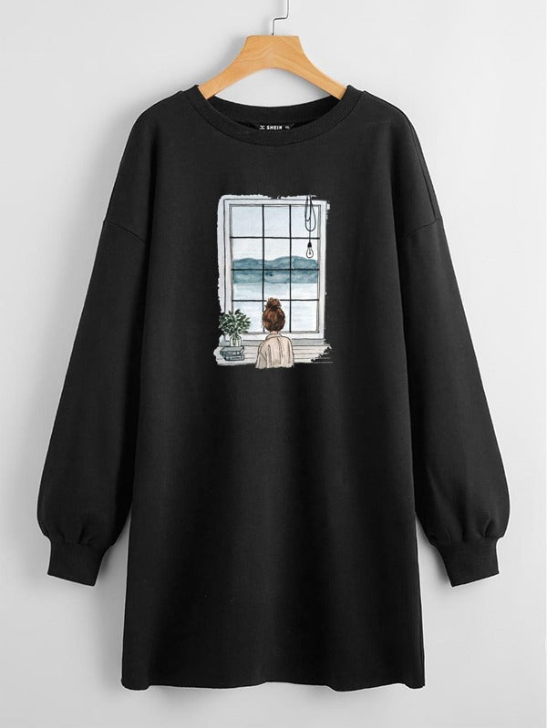 LONG LENGTH SWEATSHIRT BLACK WINDOW GIRL