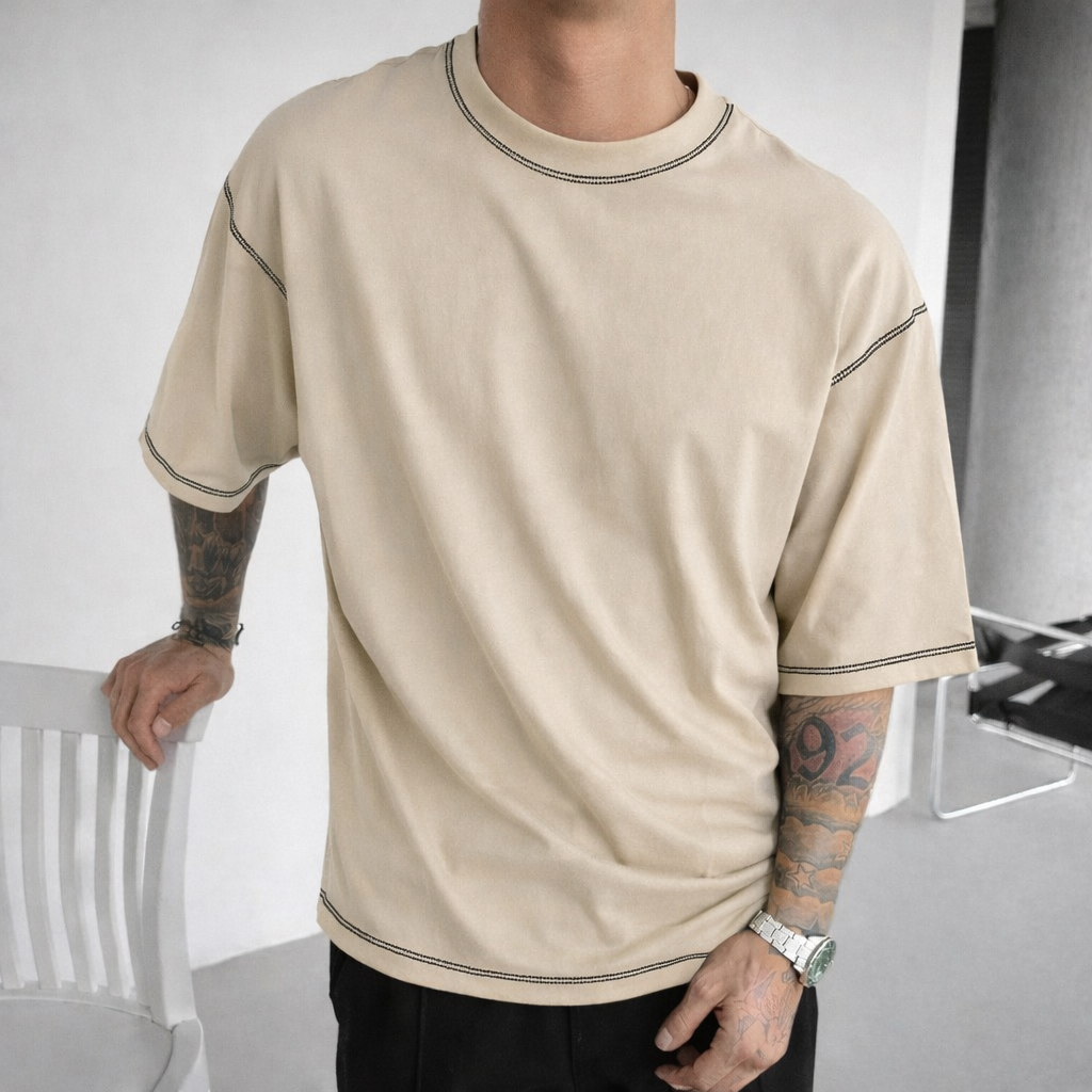 Contrast Thread T-Shirt Beige