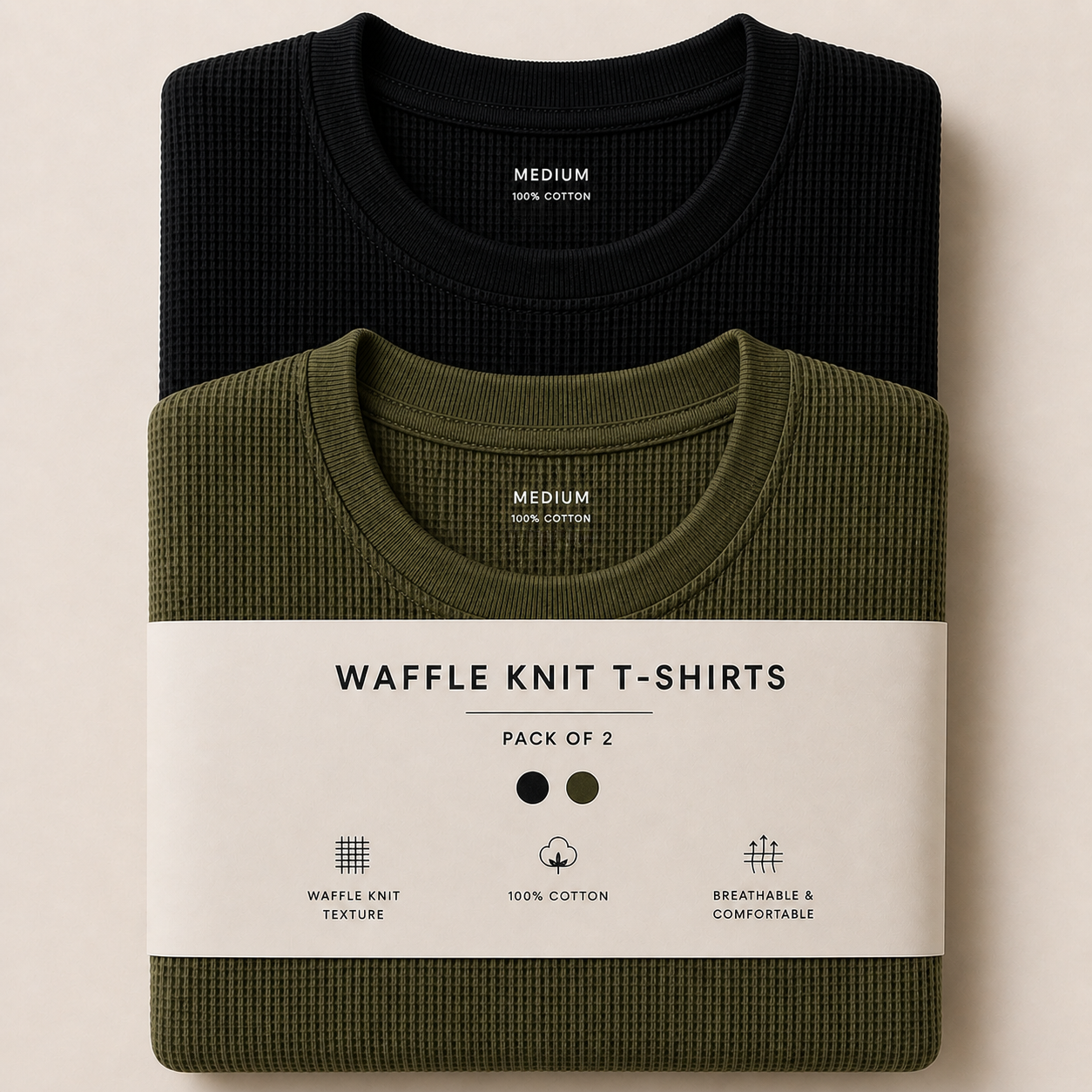 Pack Of Two Waffle Knitted Tshirts Olive Green - Black