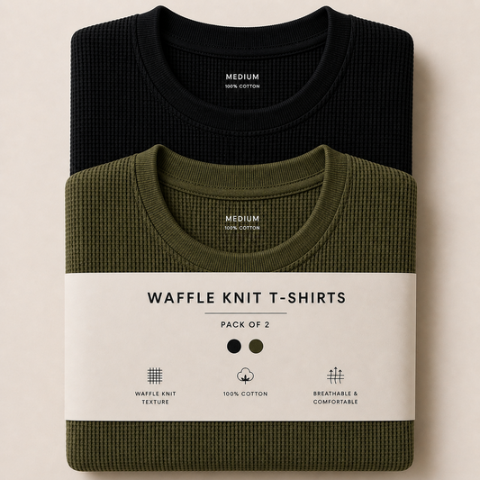 Pack Of Two Waffle Knitted Tshirts Olive Green - Black