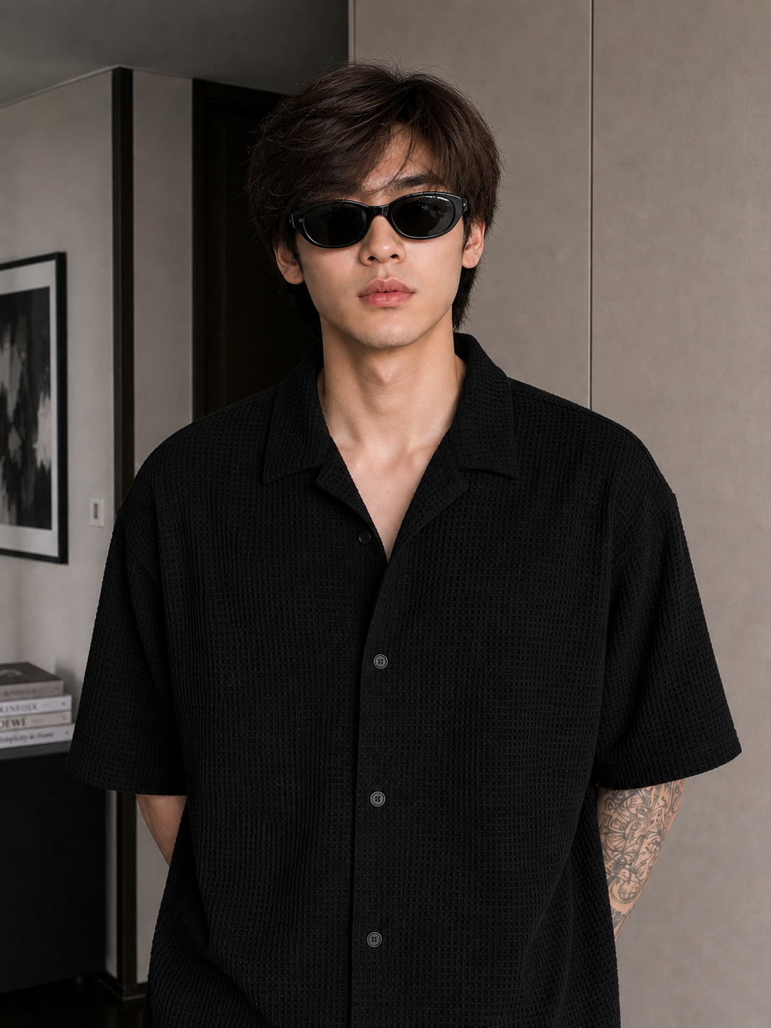 Black Waffle Knit Button Down Shirt