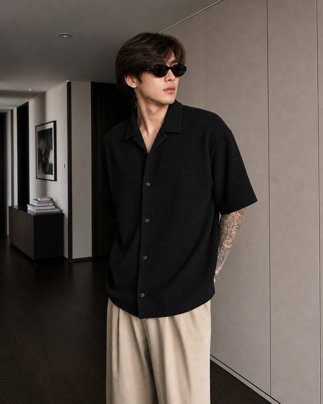 Black Waffle Knit Button Down Shirt
