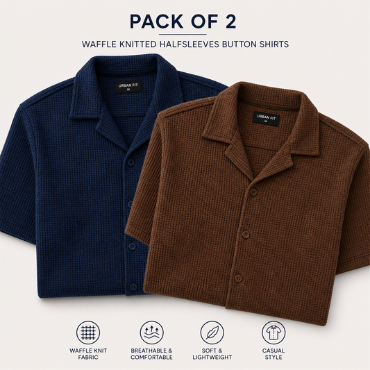Pack of 2 Waffle Knit Half Sleeve Button Down Shirts – Navy & Brown