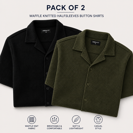 Pack of 2 Waffle Knit Half Sleeve Button Down Shirts – Black & Olive Green