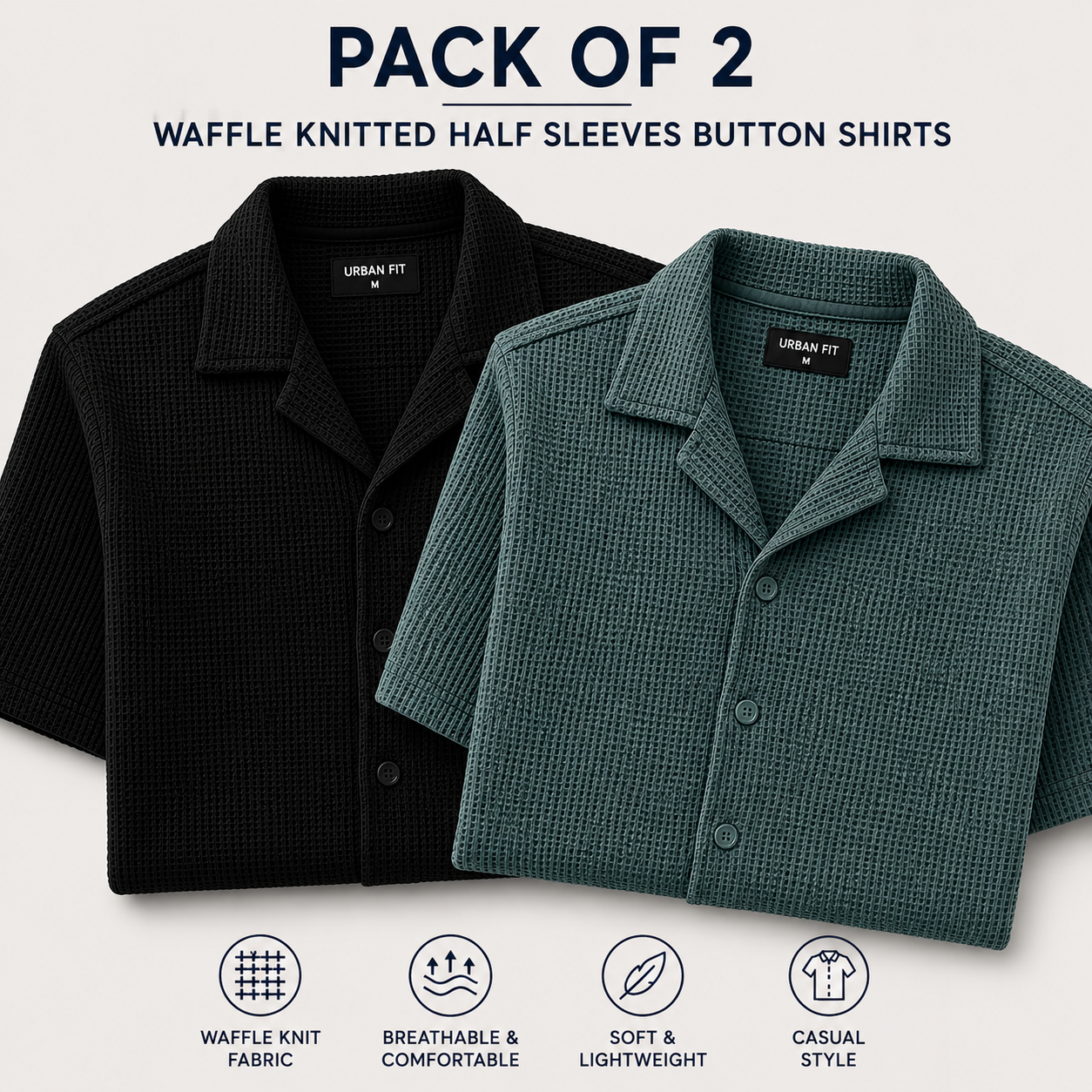 Pack of 2 Waffle Knit Half Sleeve Button Down Shirts – Black & Seige