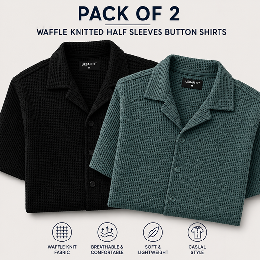Pack of 2 Waffle Knit Half Sleeve Button Down Shirts – Black & Seige