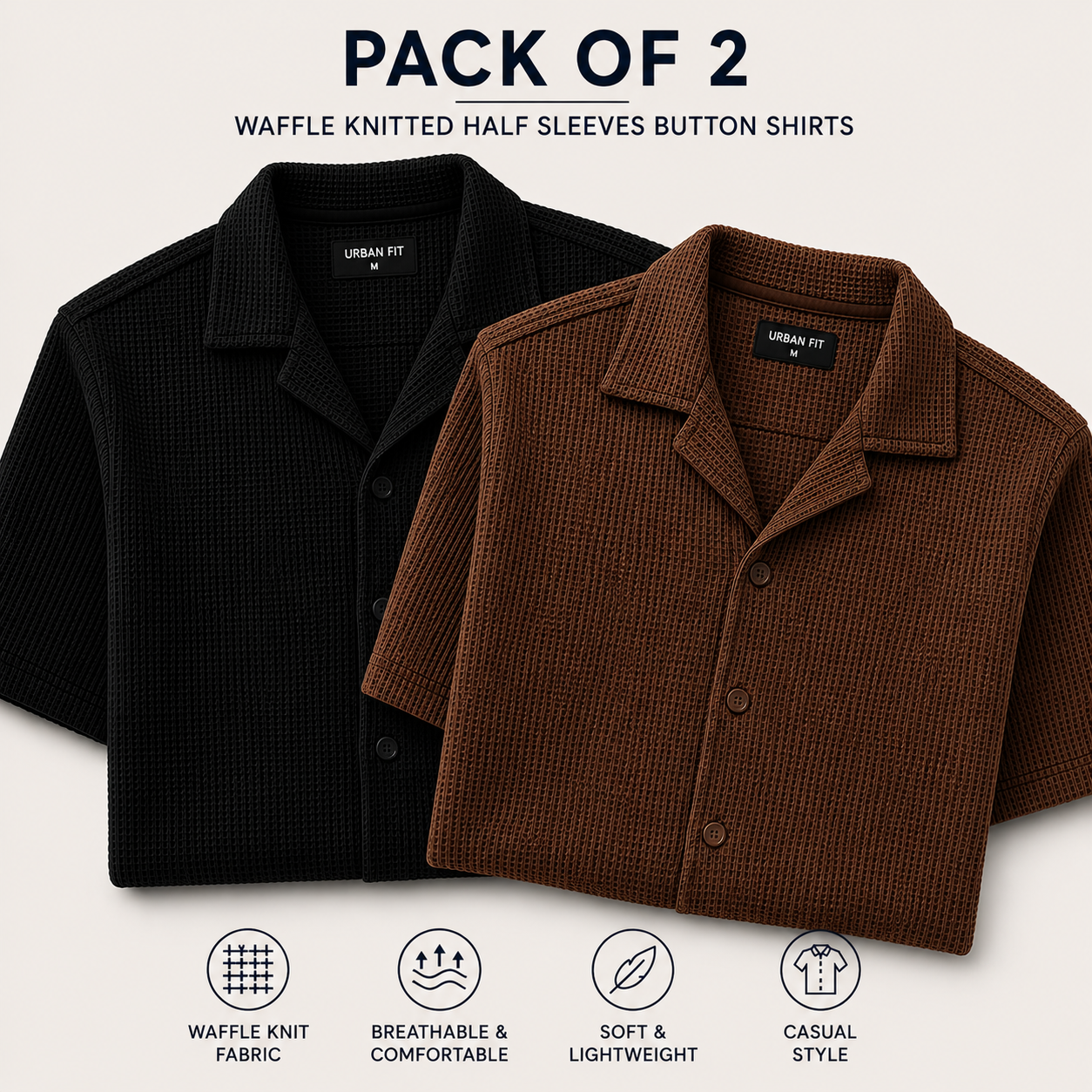 Pack of 2 Waffle Knit Half Sleeve Button Down Shirts – Black & Brown