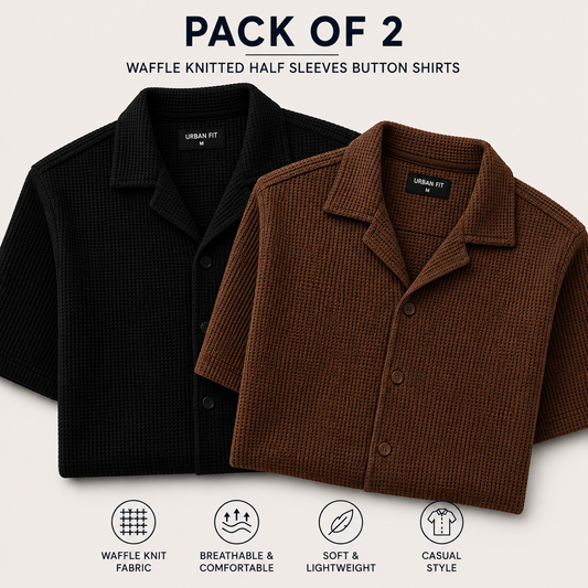 Pack of 2 Waffle Knit Half Sleeve Button Down Shirts – Black & Brown