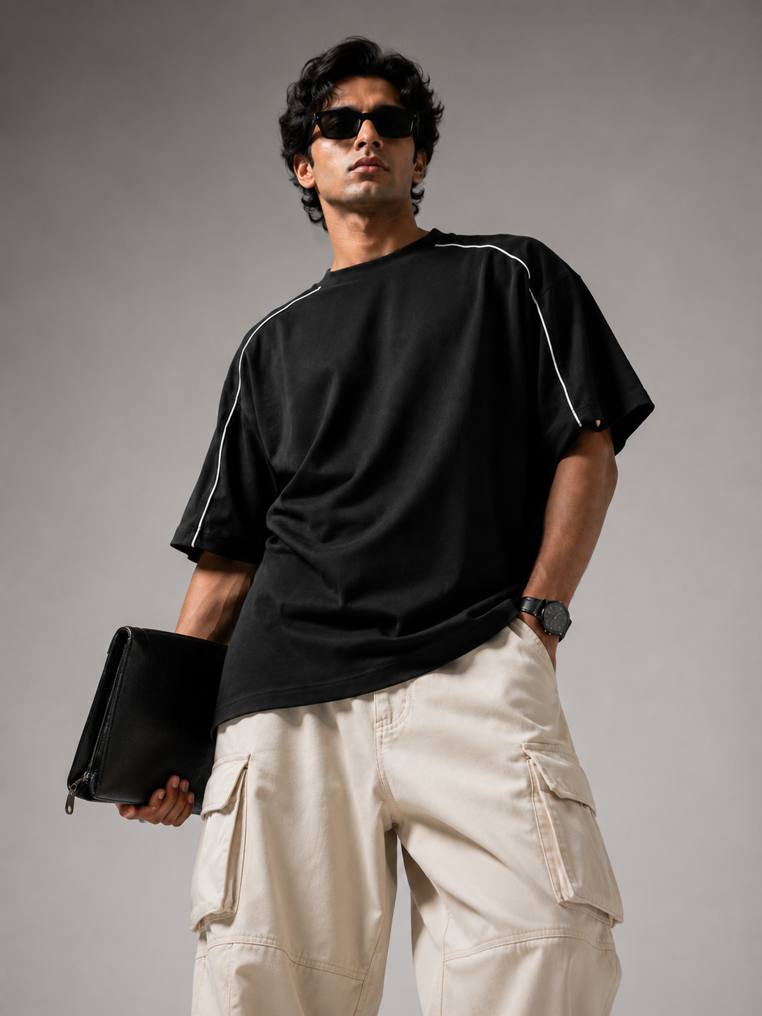 Sporty Piping Oversize Tshirt Black