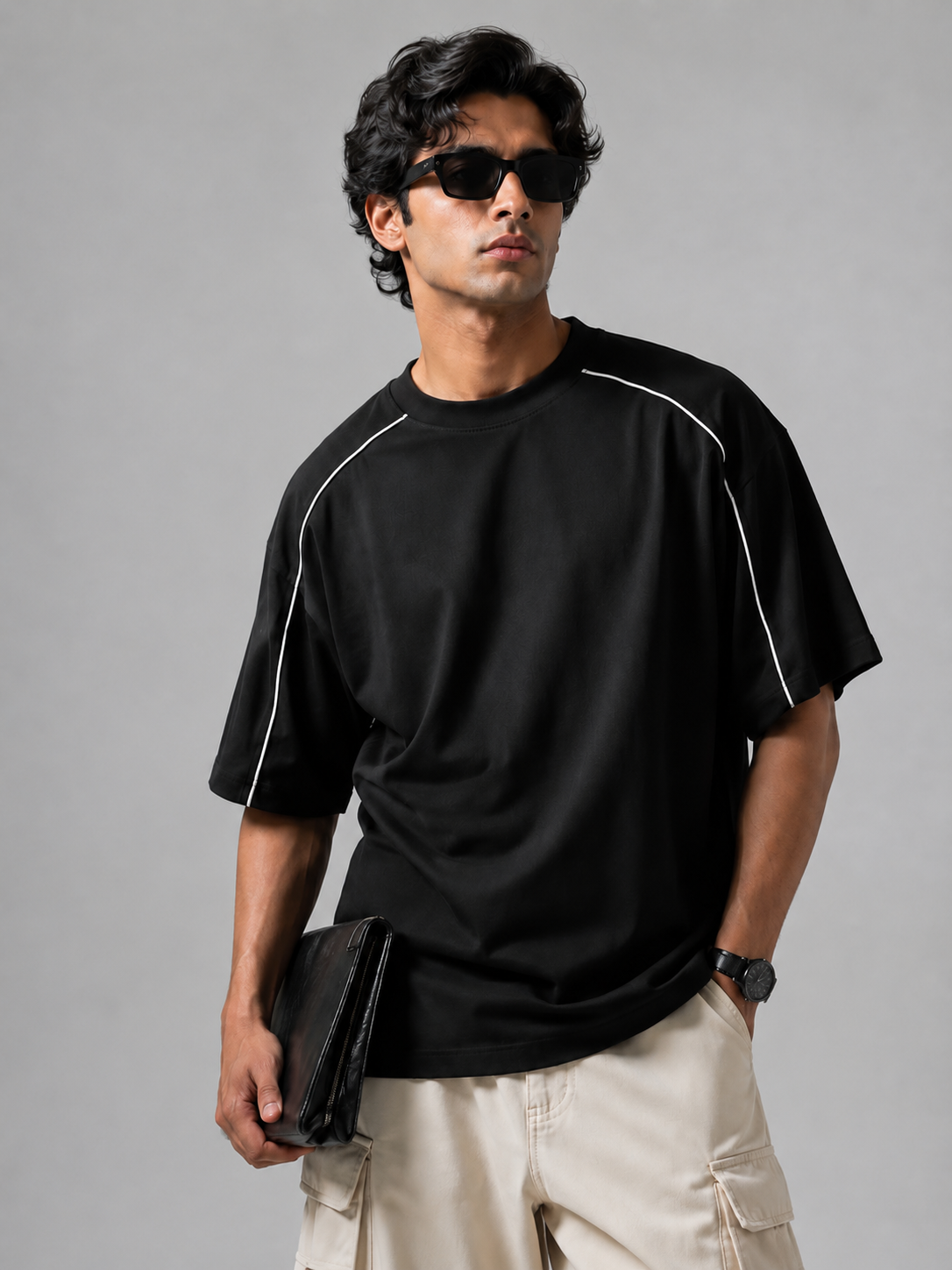 Sporty Piping Oversize Tshirt Black