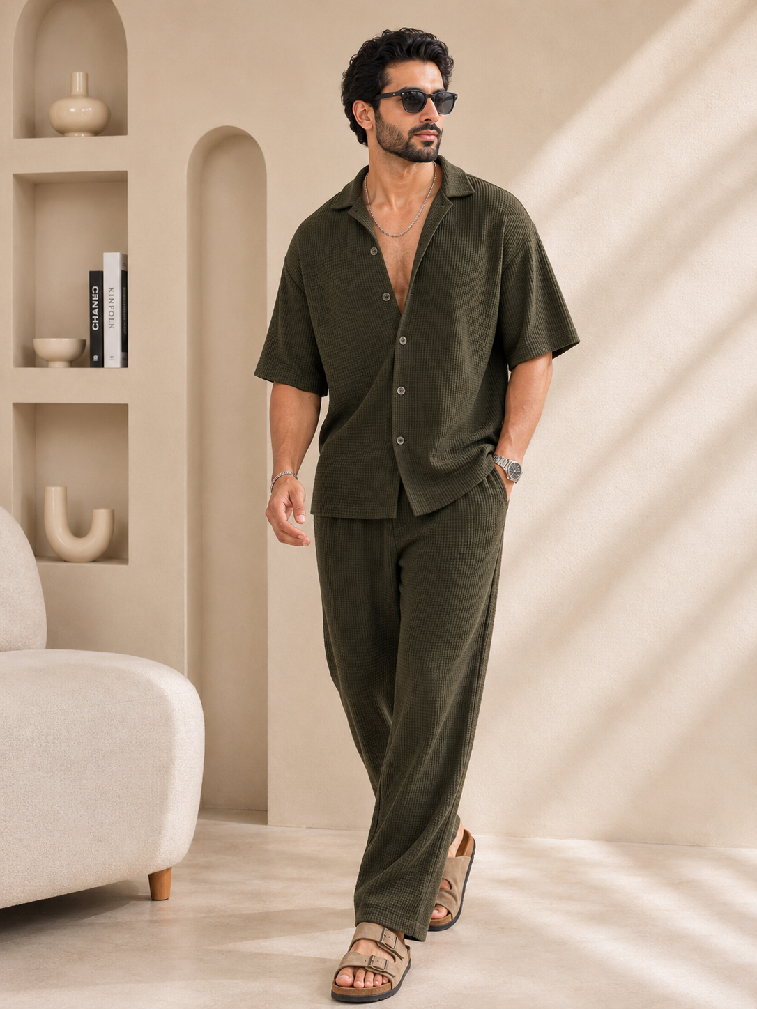 Loose Fit Men's Button Shirt & Pants Set Commando Green