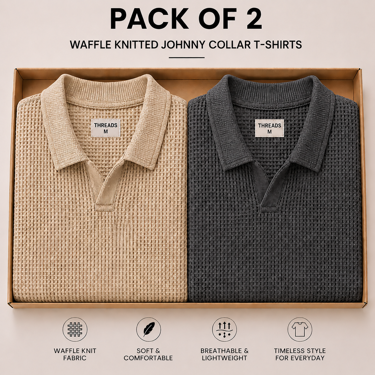 Pack Of Two Knitted Polo Tshirts Beige - Charcoal