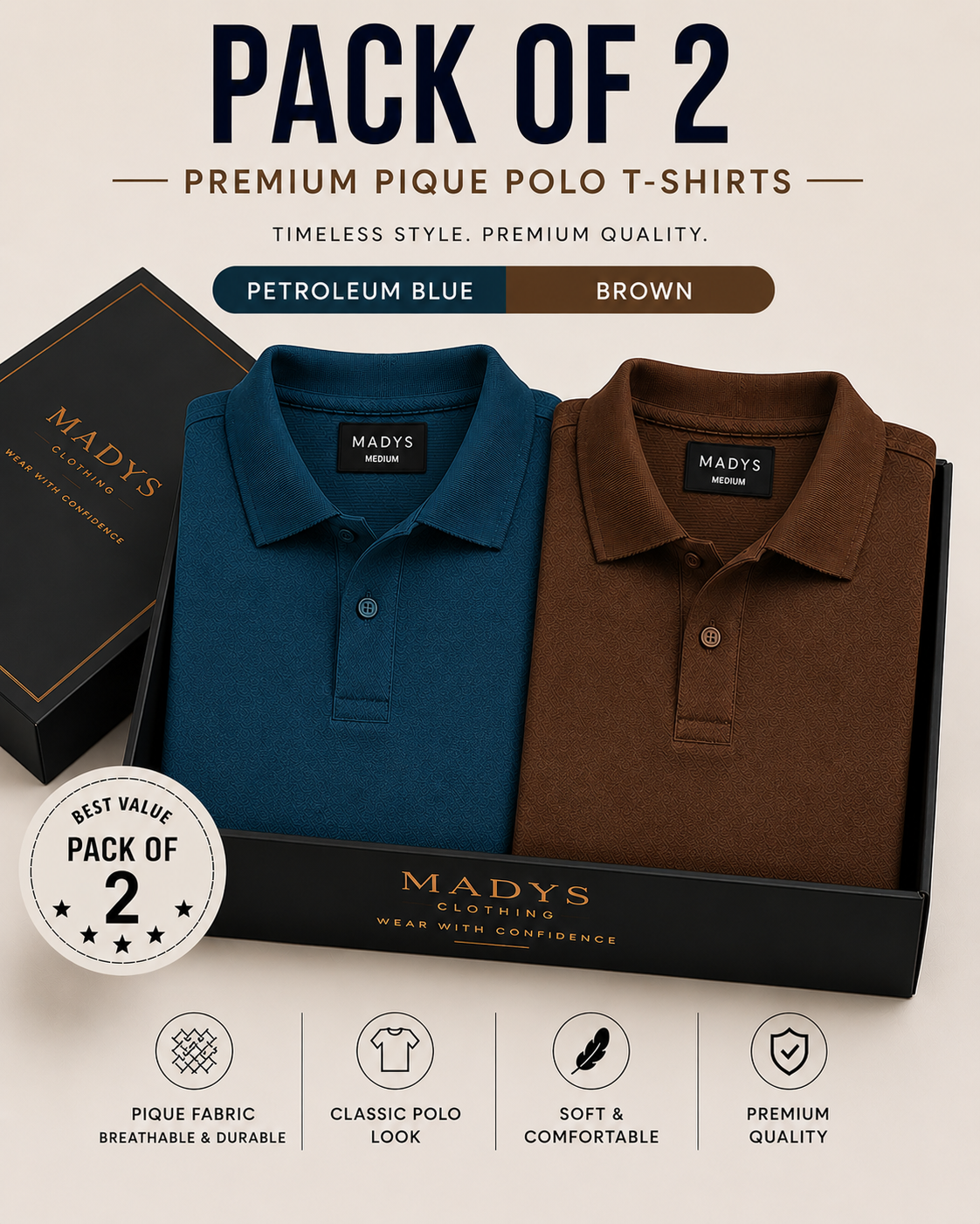 Pack Of Two Pique Polo Tshirts Petroleum Blue - Brown