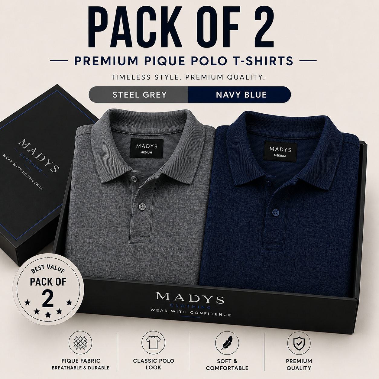 Pack Of Two Pique Polo Tshirts Steel Grey - Navy Blue