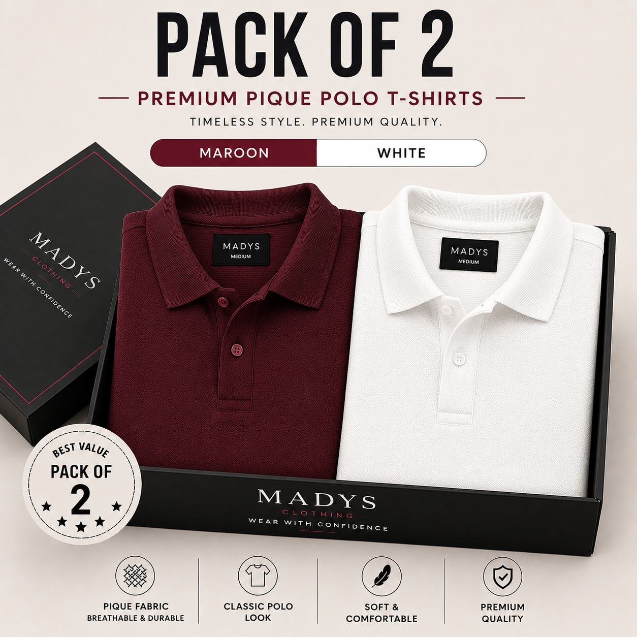 Pack Of Two Pique Polo Tshirts Maroon - White