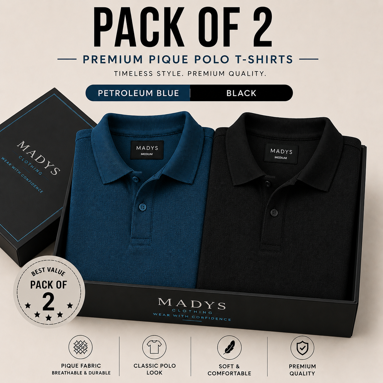 Pack Of Two Pique Polo Tshirts Black - Petroleum Blue