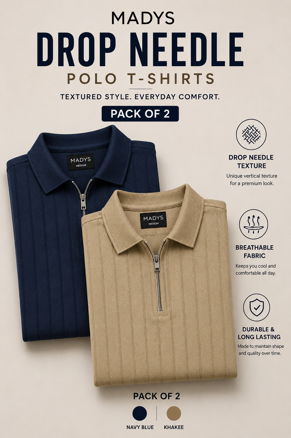 Pack Of Two Drop Needle Polo Tshirts Khakee - Navy Blue