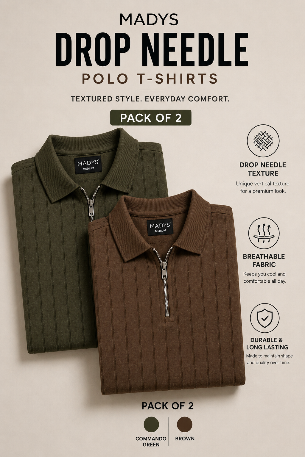 Pack Of Two Drop Needle Polo Tshirts Commando Green - Brown