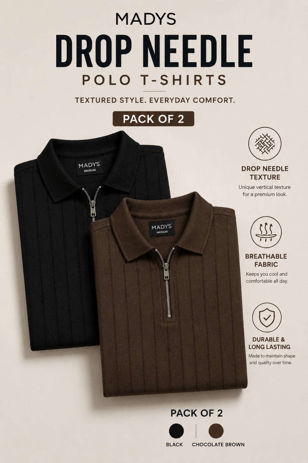 Pack Of Two Drop Needle Polo Tshirts Black - Brown