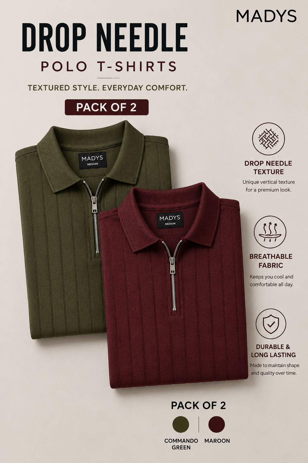 Pack Of Two Drop Needle Polo Tshirts Maroon - Commando Green