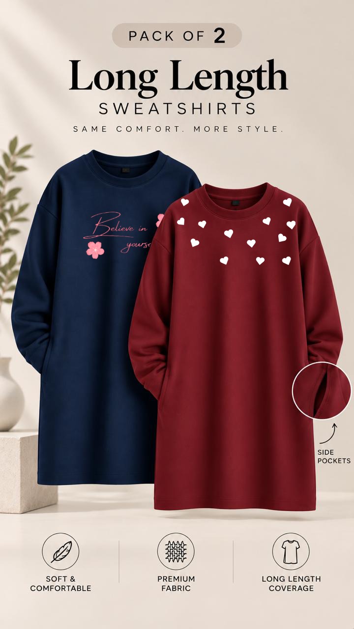 Pack of Two Long Length Sweatshirts Navy Believe In Yourself - Maroon Hearts All Over
