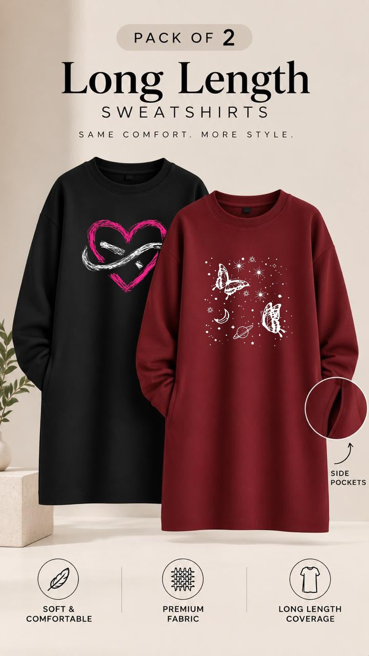 Pack of Two Long Length Sweatshirts Black Infinity Heart - Maroon Butterfly Galaxy