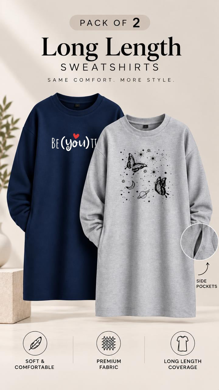 Pack of Two Long Length Sweatshirts Navy Beautiful - Grey Butterfly Galaxy