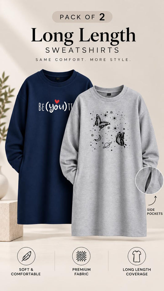 Pack of Two Long Length Sweatshirts Navy Beautiful - Grey Butterfly Galaxy