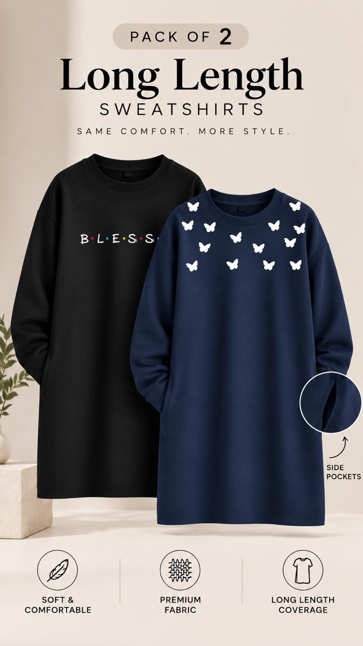 Pack of Two Long Length Sweatshirts Black B.l.e.s.s.e.d - Navy All Over Butterfly