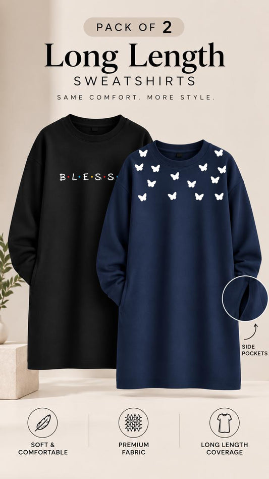 Pack of Two Long Length Sweatshirts Black B.l.e.s.s.e.d - Navy All Over Butterfly