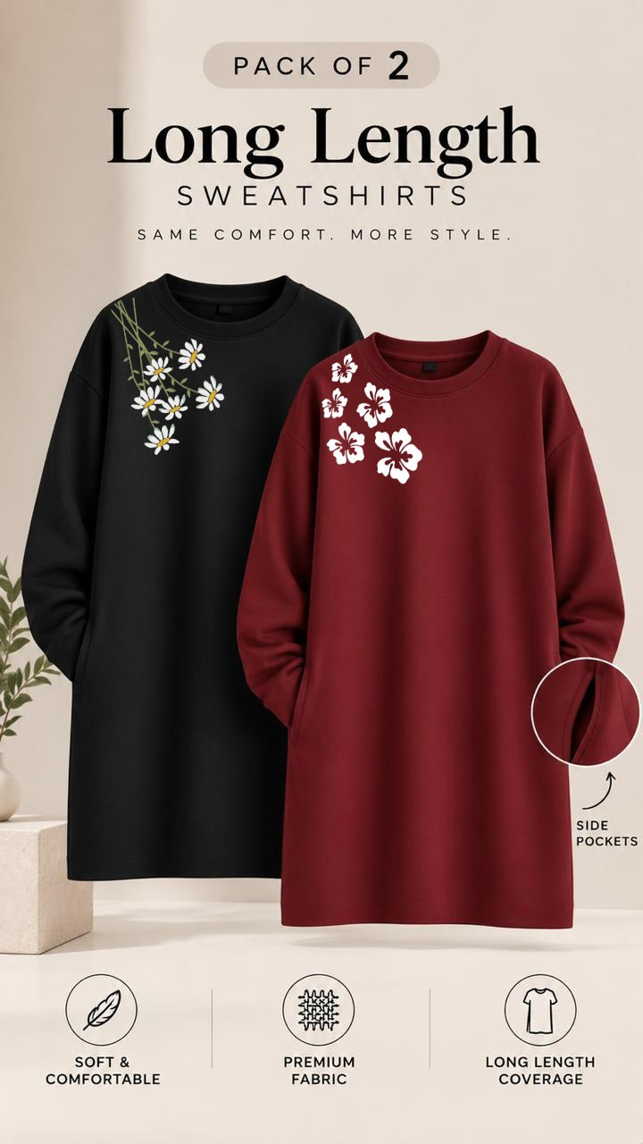 Pack of Two Long Length Sweatshirts Maroon Floral - Black Side Daisy