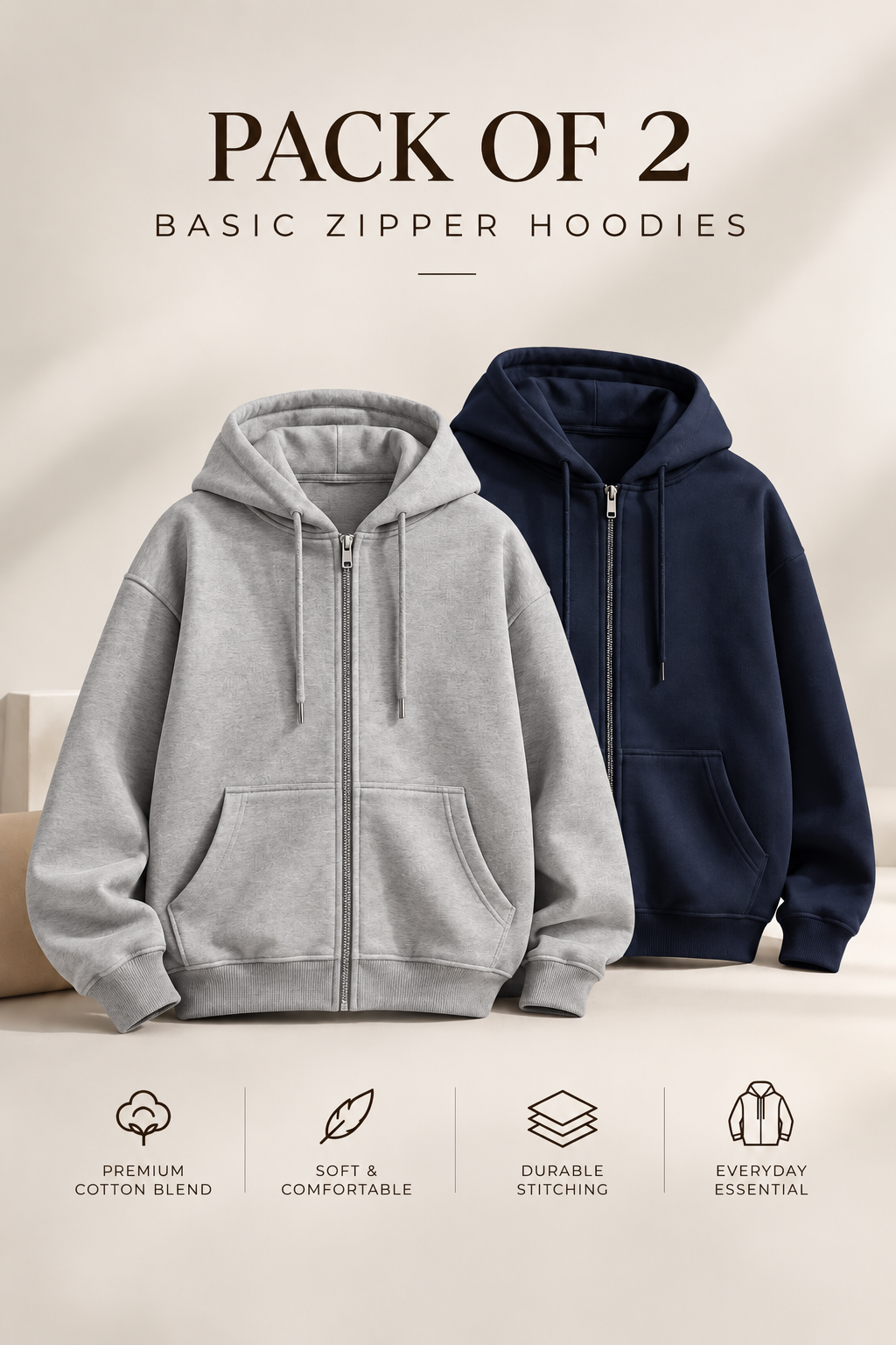 Pack of Two Basic Zipper Hoodies Navy - H.grey