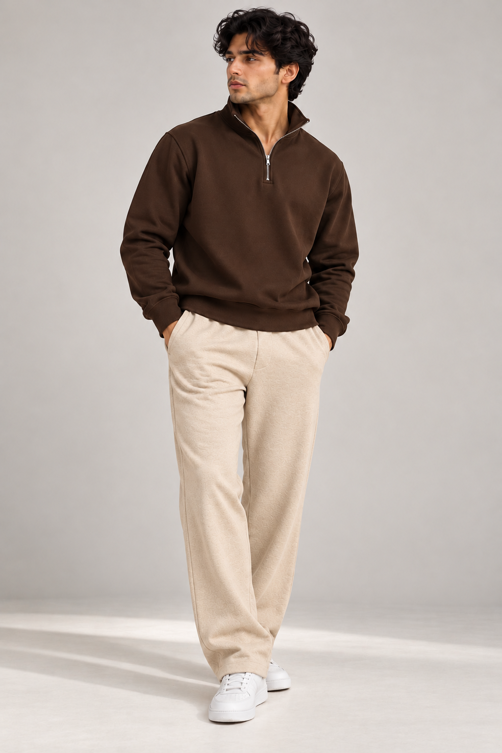 Basic Quarter Zip Sweatpant Co Ord Brown - Skin